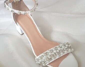 Pearl Wedding Shoes: Handmade Leather Bridal Heels, Rhinestone Sandals