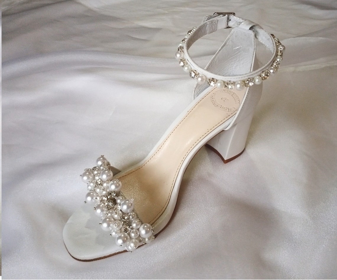 Pearl Wedding Shoes for Bride/ Bridal Block Heels/ Rhinestone - Etsy