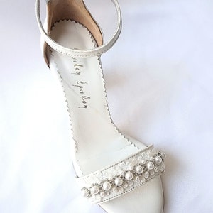White Leather Wedding Sandals: Pearl Crystal Bridal Block Heels