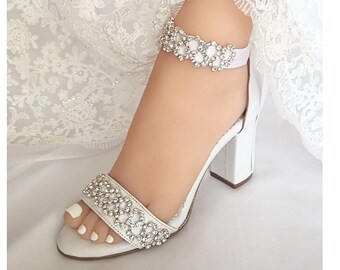 Wedding shoes for bride/ Rhinestone bridal Lace-up block heels/ Wedding leather sandals/ Handmade wedding heels for 2.1''& 3.1'' heel