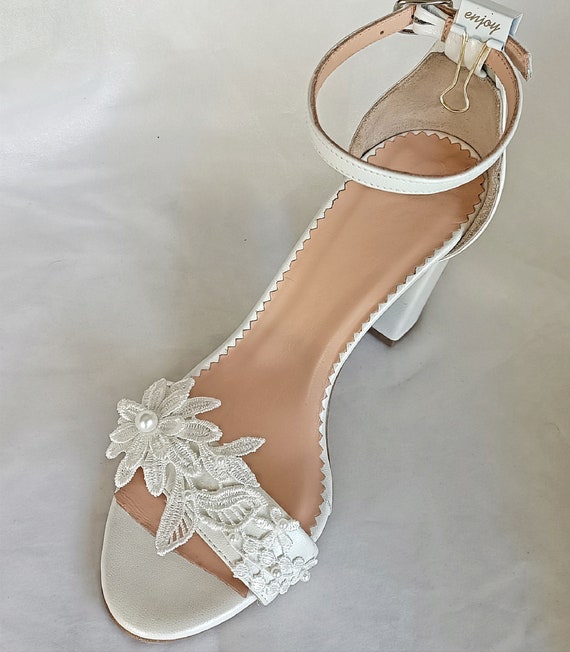 Handmade Bridal Block Heel Sandals: Flower Lace & Pearl Wedding Shoes