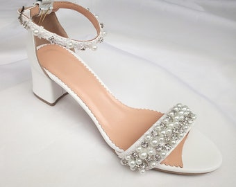 Pearl wedding shoes/ bridal shoes 5cm block heel/ pearl and rhinestone leather sandals shoes/bridal heels