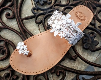 Flat Handmade Leather Wedding Sandals: Rhinestone Lace Bridal Shoes