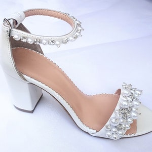 Pearl Wedding Shoes for Bride/ Bridal Block Heels/ Rhinestone Leather ...