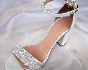 Wedding shoes for bride White embellished block heels wedding sandals with crystals
