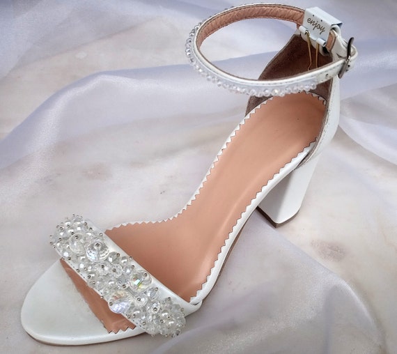 Buy Bridal Shoes Block Heels off White Heels Wedding Shoes D'orsay Ankle  Strap Heels Silver Crystals-embellished Shoes PATTY Online in India - Etsy