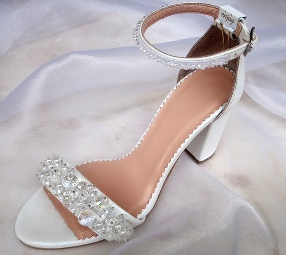 Women's Wedding Sandals With Rhinestones - Open Toe Chunky Heel Dress Shoes For Special Occasions