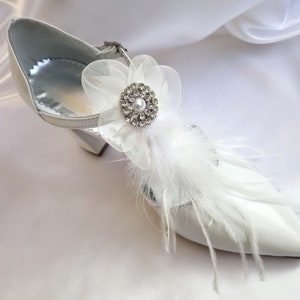 White Leather Wedding Block Heels: Crystal Rhinestone Bridal Pumps