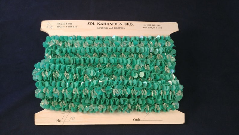 Rare Vintage New Old Stock Sol Kahaner /& Bro New York Elegant Fashion Trim 4yds 10 Green discs and clear faceted rivolis on green braid