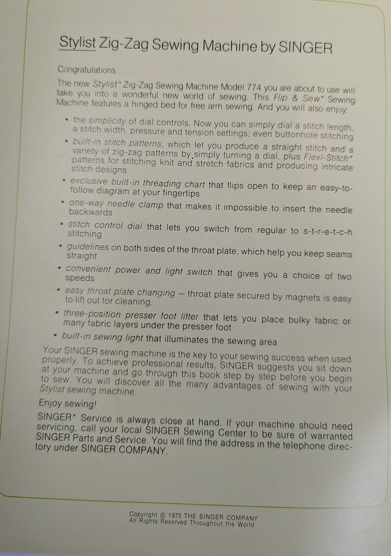 Singer Stylist Zigzag Sewing Machine Model 774 Instruction Manual