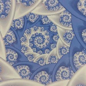 May include: Abstract art print featuring a repeating pattern of white and blue spiral shapes. The design has a 3D effect, with curved white forms framing the blue spiral centers. The artwork is framed with a dark border.