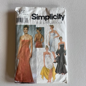 May include: A Simplicity Jessica McClintock sewing pattern envelope, number 5672, size DD 4, 6, 8, 10. The front displays illustrations of various strapless and halter-style dresses, including a long orange gown, a polka dot dress, and a black evening gown.