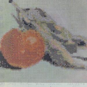 May include: Cross-stitch artwork featuring a vibrant orange clementine and a sprig of leaves. The needlework uses shades of orange, green, and gray against a light background. The word "Clementine" is written in cursive below the image.