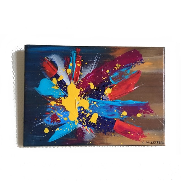 Tableau abstrait acrylique " Interlude " Couteau bleu clair, bleu marine et rouges avec projection de jaune sur fond bleu et brun