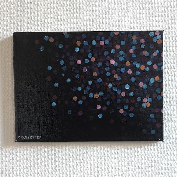 Tableau abstrait acrylique " Lumières de nuit" dot points bleu violet rose et orange clair sur fond noir