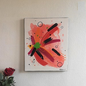 Pintura acrílica abstrata "Cardia" fundo aquarela vermelho, faca vermelha azul verde laranja e projeção