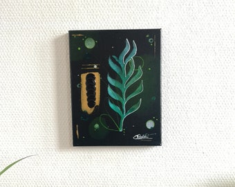Abstract acrylic painting "Herbalist" black background green watercolor, gold knife
