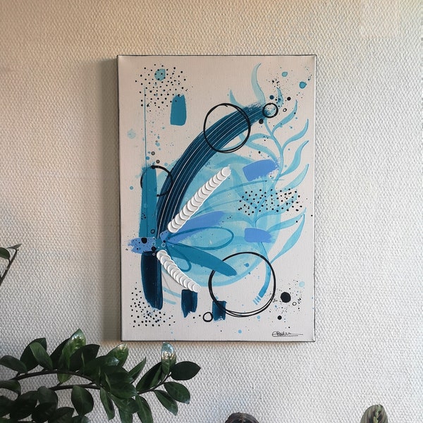 Tableau abstrait acrylique " Alguae" fond aquarelle bleu, projection posca et couteau