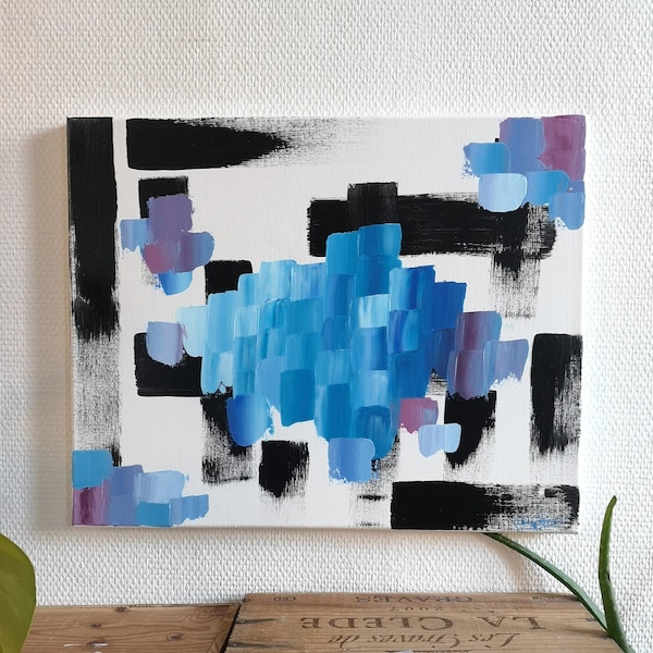 Tableau abstrait acrylique " La mer en nage" dégradé de bleus au couteau sur fond noir et blanc