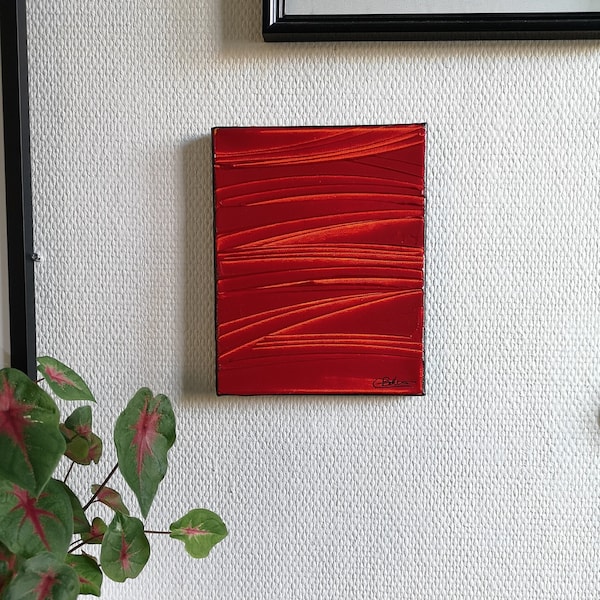 Peinture abstraite acrylique en relief "Duochrome" Bordeau et orange