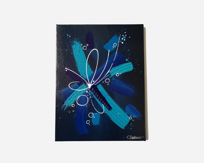 Abstract acrylic painting Pax Animi black background and blue knife, projection and texture image 1