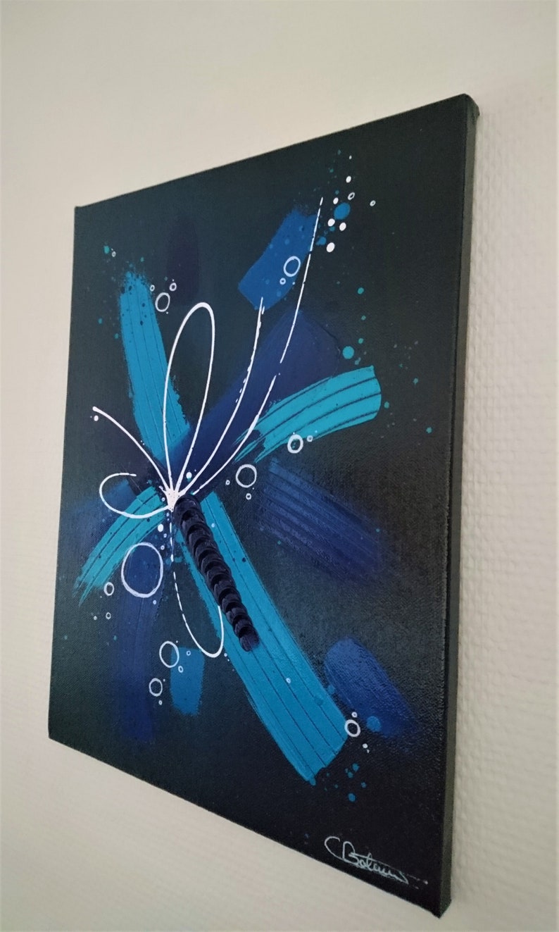 Abstract acrylic painting Pax Animi black background and blue knife, projection and texture image 3