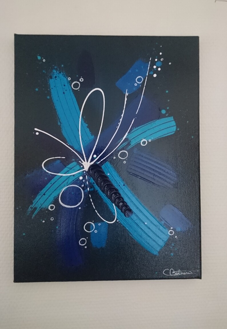 Abstract acrylic painting Pax Animi black background and blue knife, projection and texture image 4