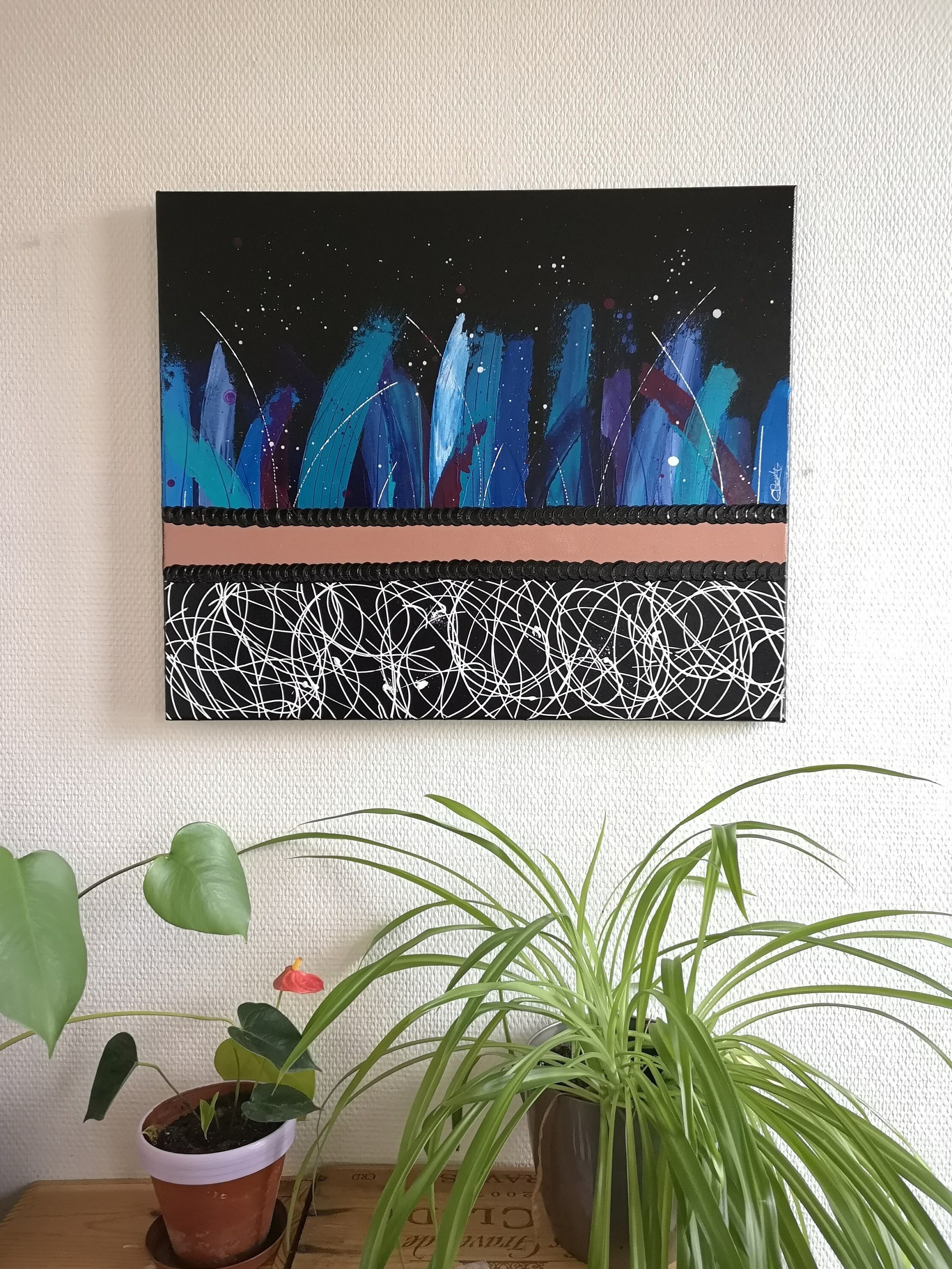 Tableau Abstrait Acrylique Noir avec Couleurs, Bleu Nuit, Bronze, Blanc et Turquoise Horizon de Nuit