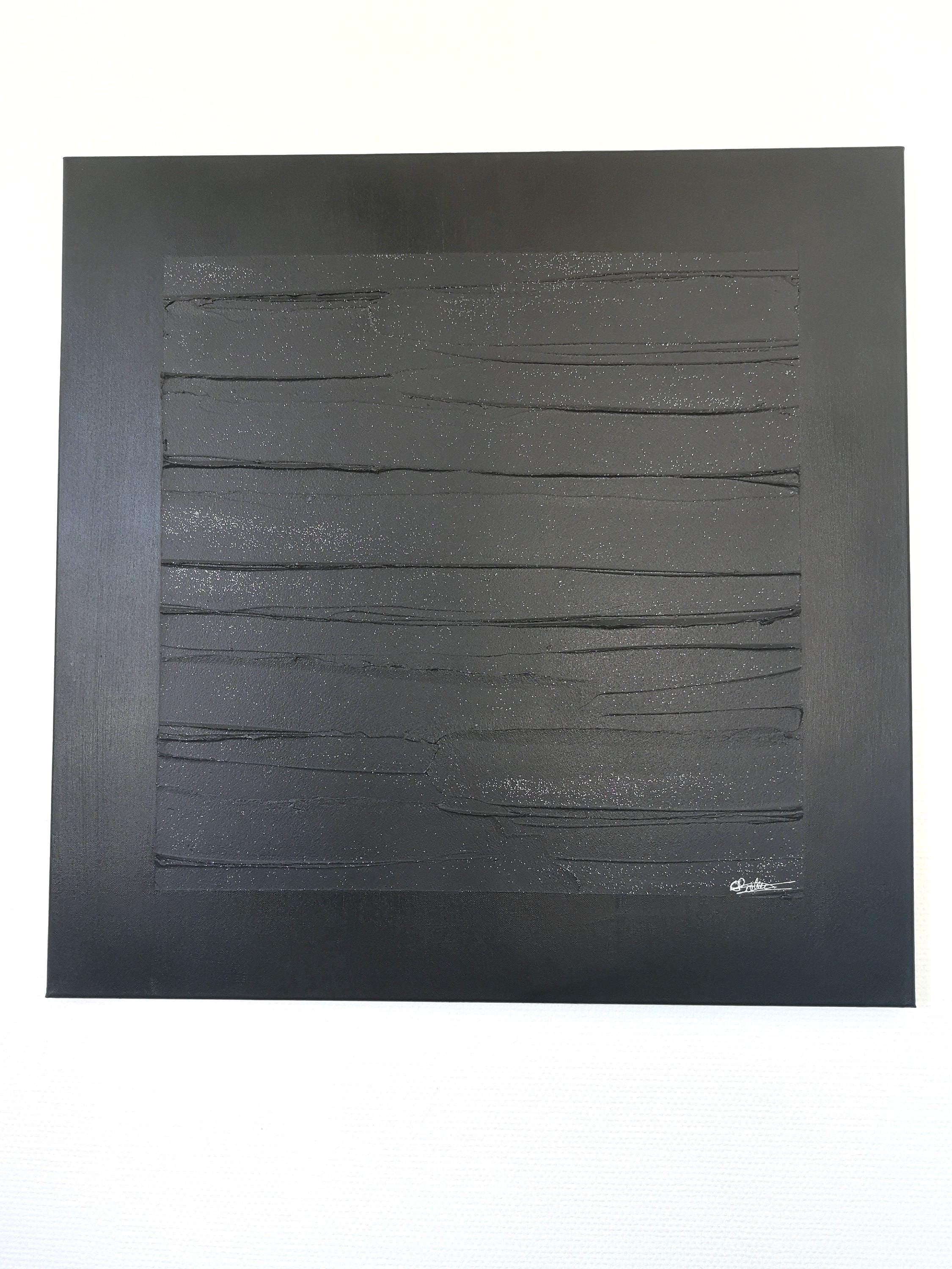 Quadro acrilico astratto 80x80 cm, grande dipinto nero testurizzato in stile Soulages, opaco e lucido, decorazione da parete