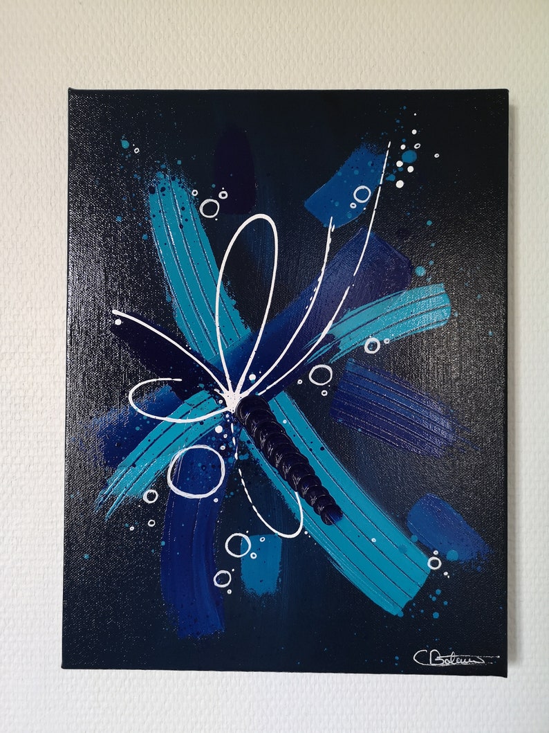 Abstract acrylic painting Pax Animi black background and blue knife, projection and texture image 5