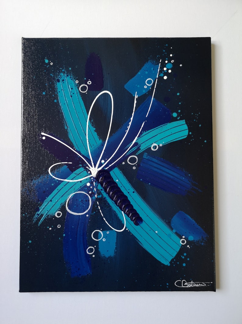 Abstract acrylic painting Pax Animi black background and blue knife, projection and texture image 9