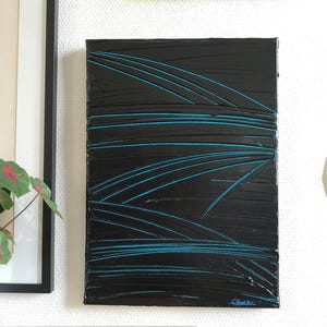 Abstract painting – 33x46 cm relief acrylic painting, black and duochrome blue, contemporary art inspired by Soulages