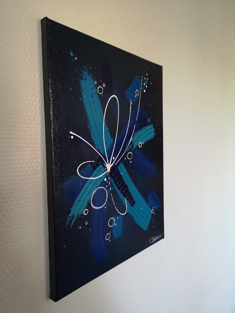 Abstract acrylic painting Pax Animi black background and blue knife, projection and texture image 6