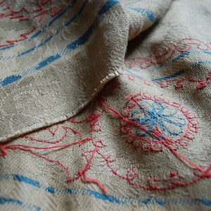 Puede incluir: Primer plano de una tela de lino beige con dise&ntilde;os bordados en azul y rojo. La tela est&aacute; doblada sobre s&iacute; misma, mostrando los intrincados detalles de las puntadas.