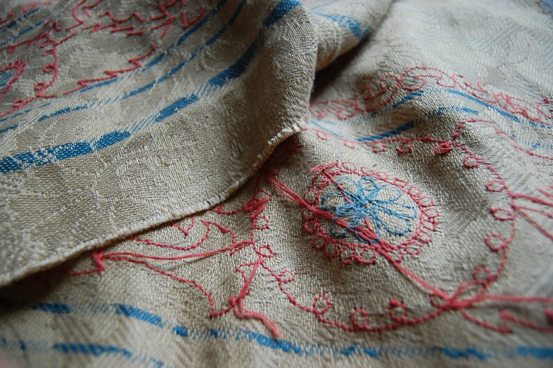 Puede incluir: Primer plano de una tela de lino beige con dise&ntilde;os bordados en azul y rojo. La tela est&aacute; doblada sobre s&iacute; misma, mostrando los intrincados detalles de las puntadas.