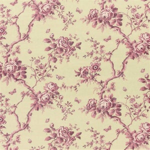 May include: A vintage floral wallpaper pattern with pink roses and butterflies on a pale yellow background.
