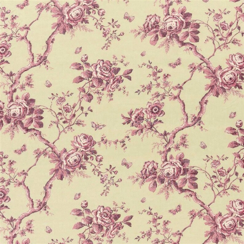 May include: A vintage floral wallpaper pattern with pink roses and butterflies on a pale yellow background.