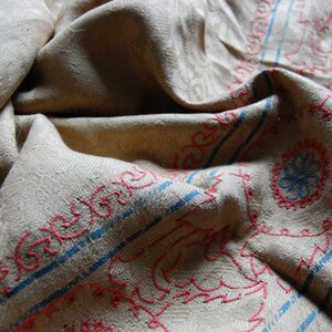 Puede incluir: Primer plano de una tela beige con bordados azules y rojos. El bordado presenta un patr&oacute;n repetitivo de flores estilizadas y formas geom&eacute;tricas.