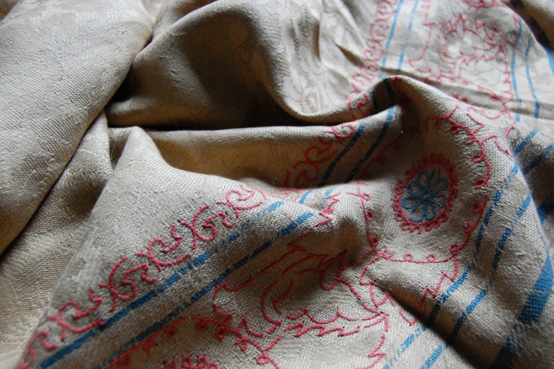 Puede incluir: Primer plano de una tela beige con bordados azules y rojos. El bordado presenta un patr&oacute;n repetitivo de flores estilizadas y formas geom&eacute;tricas.