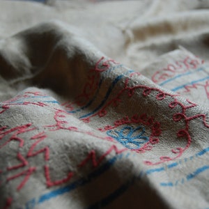 Puede incluir: Primer plano de una tela blanca con bordados rosas y azules. La tela est&aacute; doblada y tiene una superficie texturizada. El bordado es de patr&oacute;n floral.