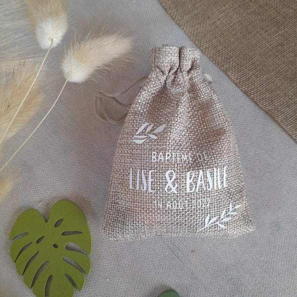 Sachet baptême, Sac ballotin dragées personnalisé en jute thème champêtre, cadeaux invités, Baptême, Communion, Mariage, cadeau