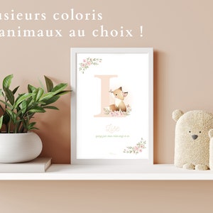 Cartel personalizado para la decoración de la habitación del bebé niño mixto niña, cartel personalizado carta nombre del niño, patrón de animales de flores