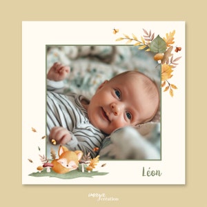 Original birth announcement little fox, Baby announcement, Birth boy, girl, mixed, leaves, autumn, little fox model