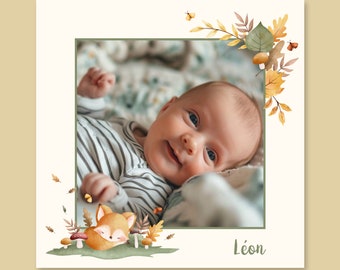 Original birth announcement with a little fox, baby announcement, birth announcement for a boy, girl, or unisex baby, leaves, autumn, little fox design