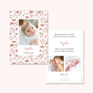 Floral birth announcement, 2 models purple or red, Baby announcement, Birth girl boy, Flowers, baptism
