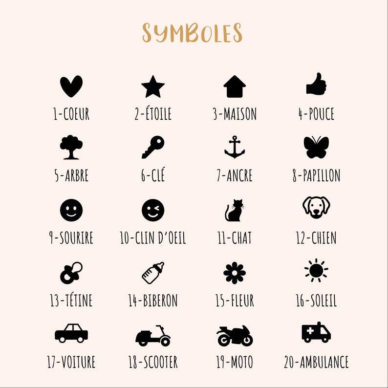 May include: A grid of twenty black icons on a light background labelled SYMBOLES. The icons include a heart, star, house, thumb, tree, key, anchor, butterfly, smiley face, winking face, cat, dog, pacifier, bottle, flower, sun, car, scooter, motorcycle, and ambulance.