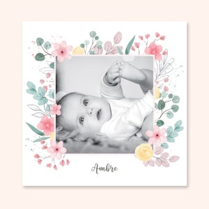 Original birth announcement, baby announcement, girl birth, flowers