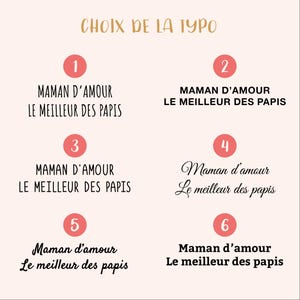 May include: A typography selection chart titled CHOIX DE LA TYPO featuring six numbered options. Each option displays the text MAMAN D'AMOUR LE MEILLEUR DES PAPIS in a distinct black font style, ranging from thin sans-serif to elegant cursive scripts.
