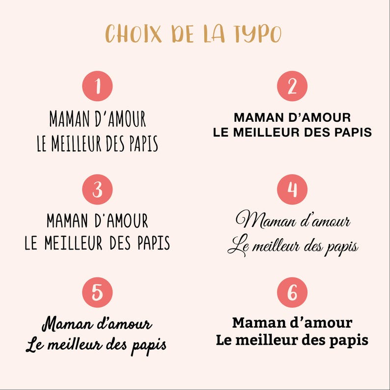 May include: A typography selection chart titled CHOIX DE LA TYPO featuring six numbered options. Each option displays the text MAMAN D'AMOUR LE MEILLEUR DES PAPIS in a distinct black font style, ranging from thin sans-serif to elegant cursive scripts.