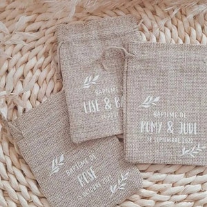 Sachet baptême, Sac ballotin dragées personnalisé en jute thème champêtre, cadeaux invités, Baptême, Communion, Mariage, cadeau
